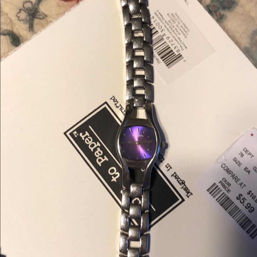 Fossil watch with purple face, chain link band